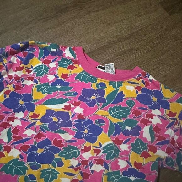 Vintage Gitano Girls Floral Ringer Shirt Pink Girls Size L 14 Cotton Retro 90s - Picture 4 of 11